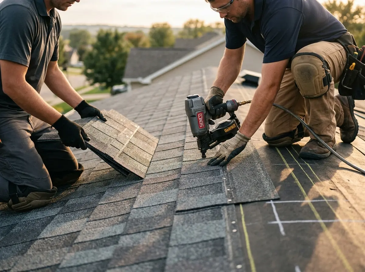 Professional roofer working on a residential roof in Oak Lawn
